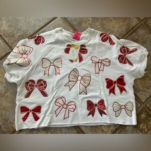 Queen of Sparkles White short sleeve Sweatshirt with Red and Pink Bow Designs
